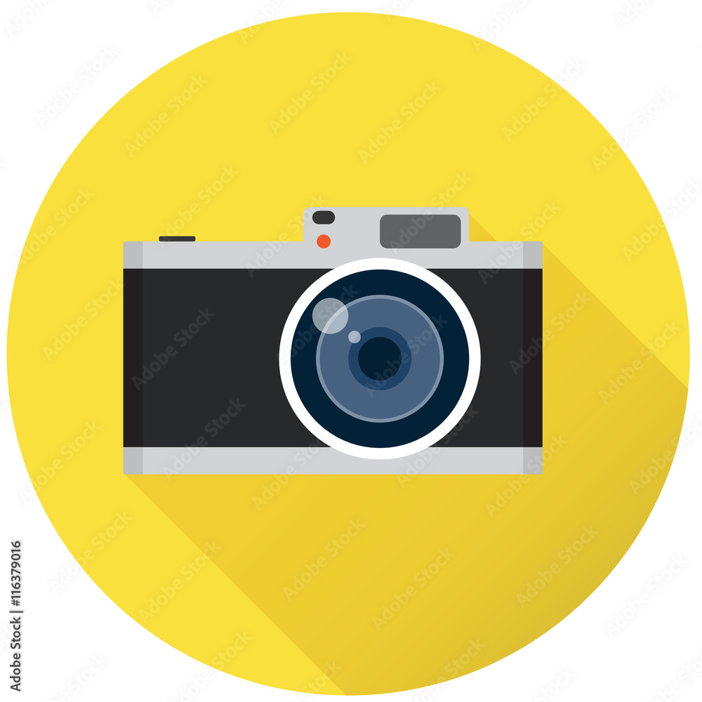 Fototapeta premium Reto photo camera on yellow background and long shadow, flat vector illustration
