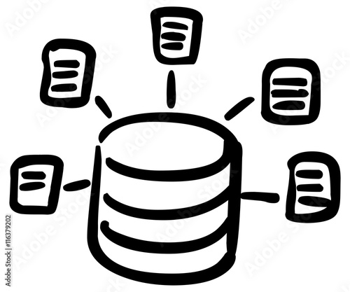 Doodle-Icon: Dokumentablage auf dem Server – schwarz-weiß / handgezeichnet / Vektor / freigestellt