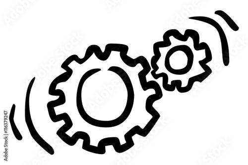 Doodle-Icon: Zwei drehende Zahnräder – schwarz-weiß / gezeichnet / Vektor / freigestellt