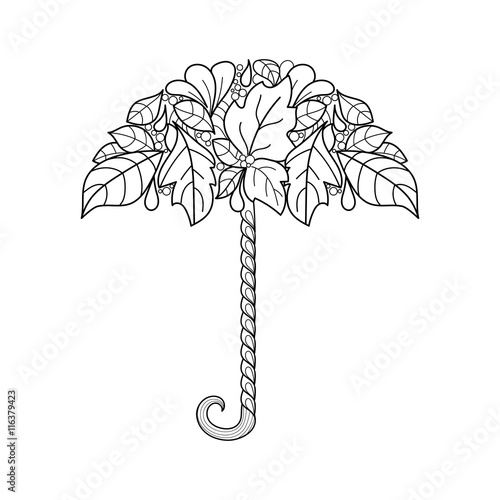 umbrella decorated with autumn leaves and abstract doodle ornaments. Hand draw vector coloring page for adult