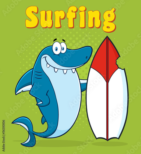 Cute Blue Shark Cartoon Mascot Character With Surfboard. Illustration With Green Halftone Background And Text Surfing