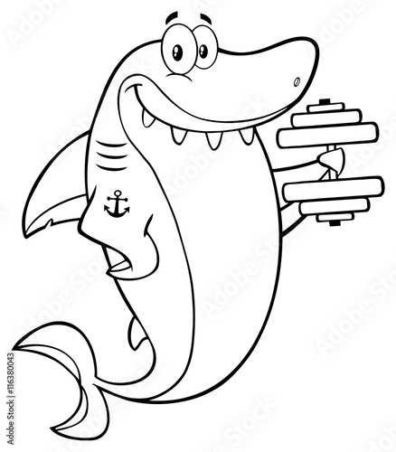 Black And White Smiling Shark Cartoon Mascot Character Training With Dumbbells