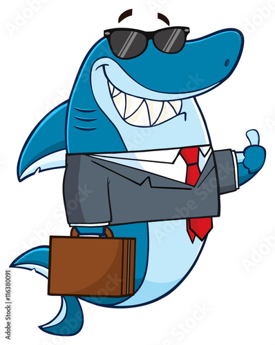 Smiling Business Shark Cartoon Mascot Character In Suit, Carrying A Briefcase And Holding A Thumb Up