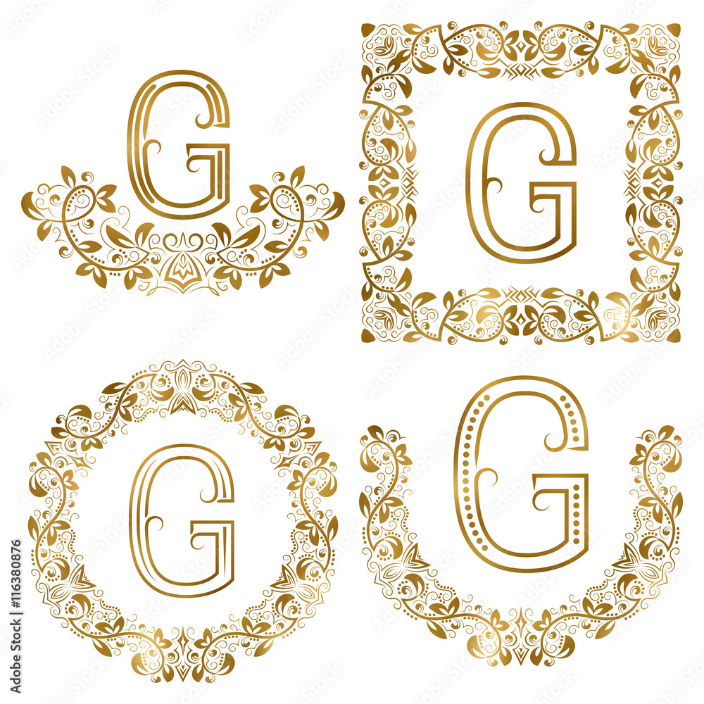 Golden G letter ornamental monograms set. Heraldic symbols in wreaths, square and round frames. Golden G letter ornamental monograms set. Heraldic symbols in wreaths, square and round frames.