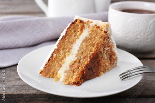 Delicious carrot cake on plate  closeup