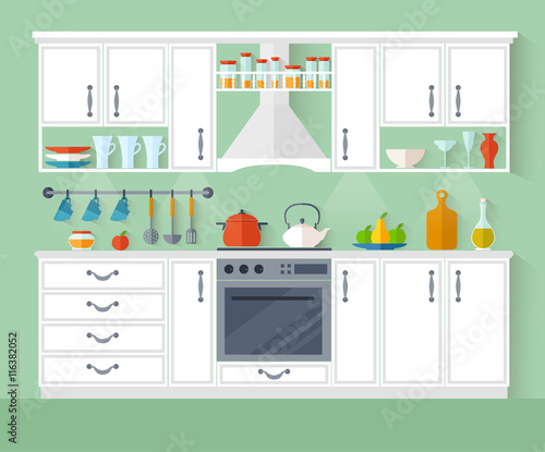 Kitchen interior design in a flat style. Room with furniture and equipment. Vector illustration.