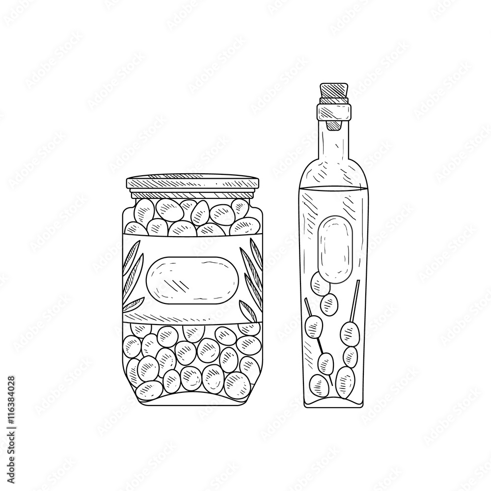 Jar Of Olives And Bottle Olive Oil Hand Drawn Realistic Sketch Stock