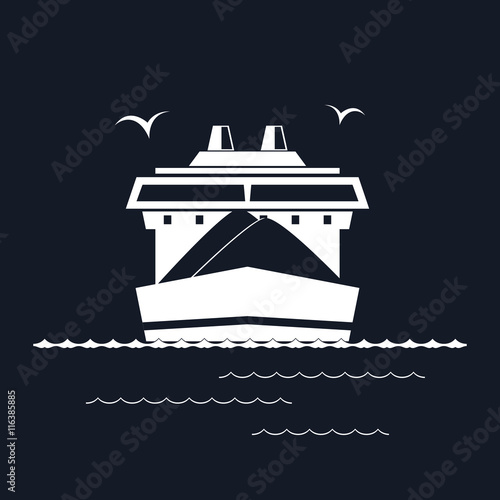 Front View of the Dry Cargo Ship Isolated on Black Background, Industrial Marine Vessel is Transporting Coal and Ore, International Freight Transportation, Vector Illustration