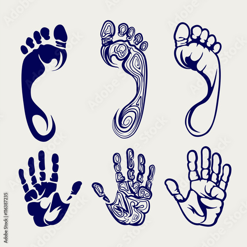 Footprints and handprints sketches. Ball pen imitation vector drawing