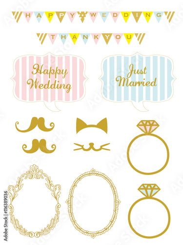 Wedding design elements for party props isolated on white background. Photo booth and scrapbooking vector set for Wedding. 