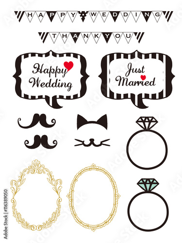 Wedding design elements for party props isolated on white background. Photo booth and scrapbooking vector set for Wedding. 