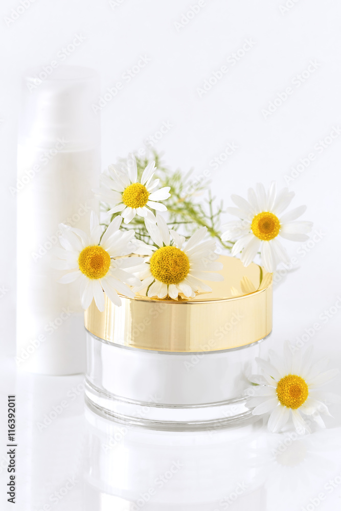 chamomile and jars of cream on the white background chamomile and jars of cream on the white background