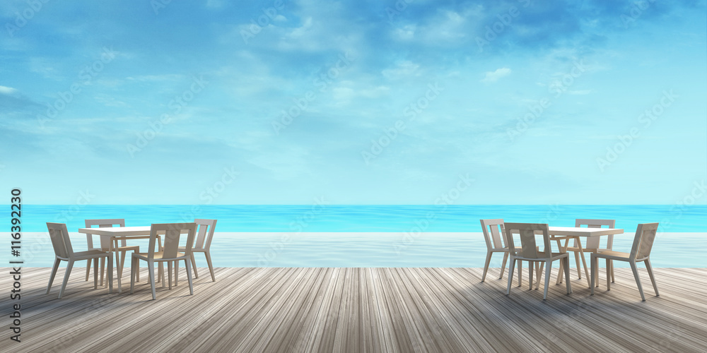 Beach lounge - Sundeck on Sea view with dinning table and chair for vacation and summer / 3d render Beach lounge - Sundeck on Sea view with dinning table and chair for vacation and summer / 3d render