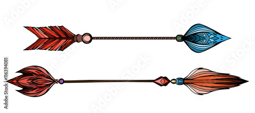 Set of multicolored native arrows with boho pattern. Vector element for cards, stickers, printing on T-shirts and your design