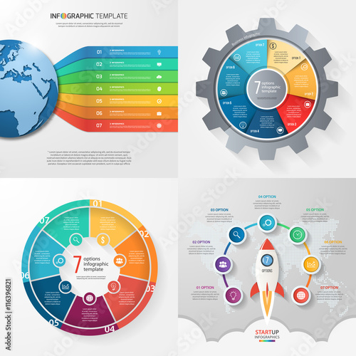 Four infographic templates with 7 steps, options, parts, processes