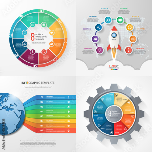 Four infographic templates with 8 steps, options, parts, processes