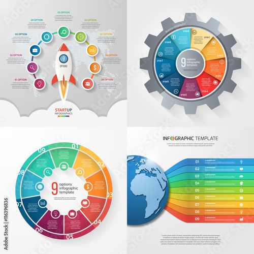 Four infographic templates with 9 steps, options, parts, processes