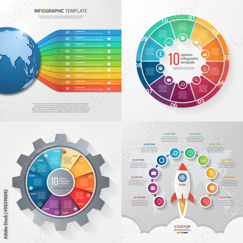 Four infographic templates with 10 steps, options, parts, processes