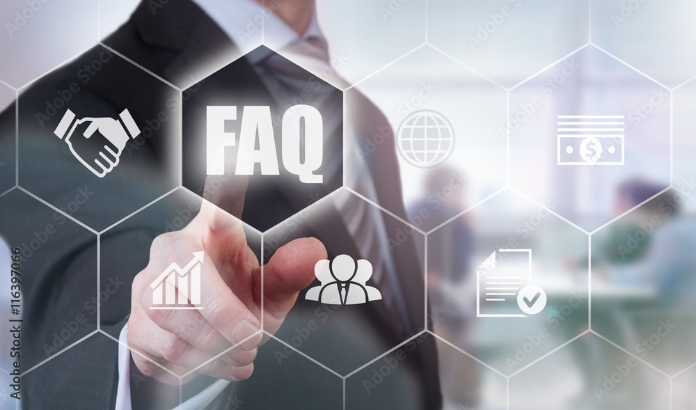 A businessman selecting a Frequently Asked Questions Concept on a hexagonal screen A businessman selecting a Frequently Asked Questions Concept on a hexagonal screen
