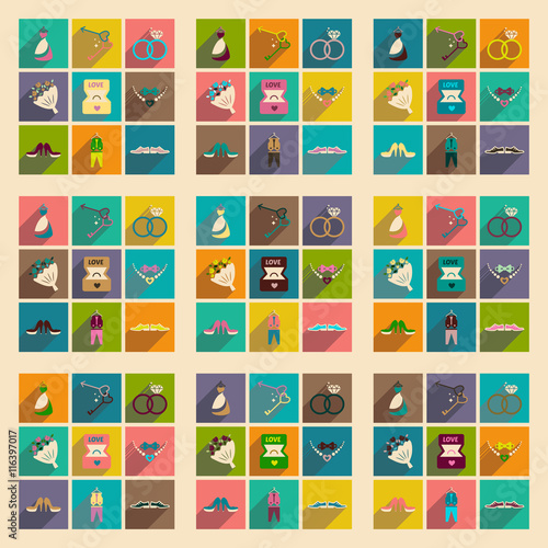 Set of flat web icons with long shadow wedding