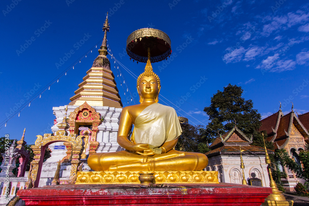 Fototapeta premium thai golden buddha statue with pagoda