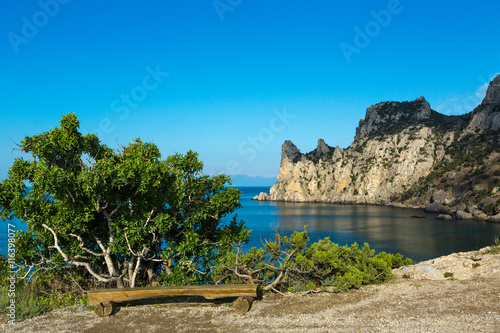 View of Blue bay and mount Karaul-Oba. Mountains in Crimea at Black sea.