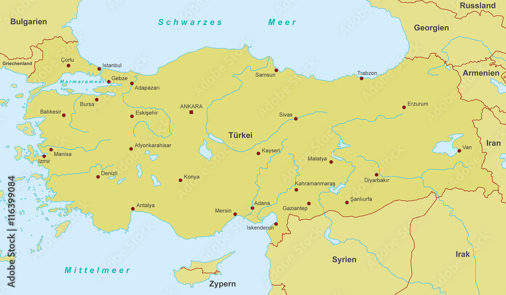Türkei Karte - Orange (detailliert)