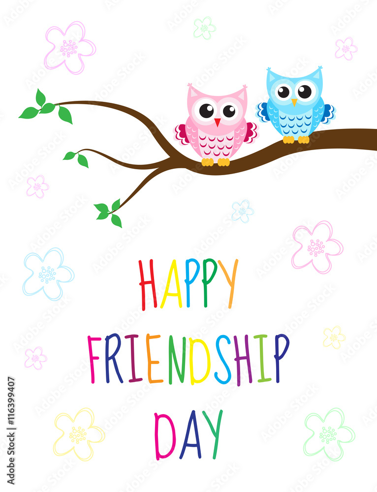 Greeting card with a happy friendship day. Greeting card cute cartoon owl  sitting on a tree. Vector illustration Stock Vector | Adobe Stock