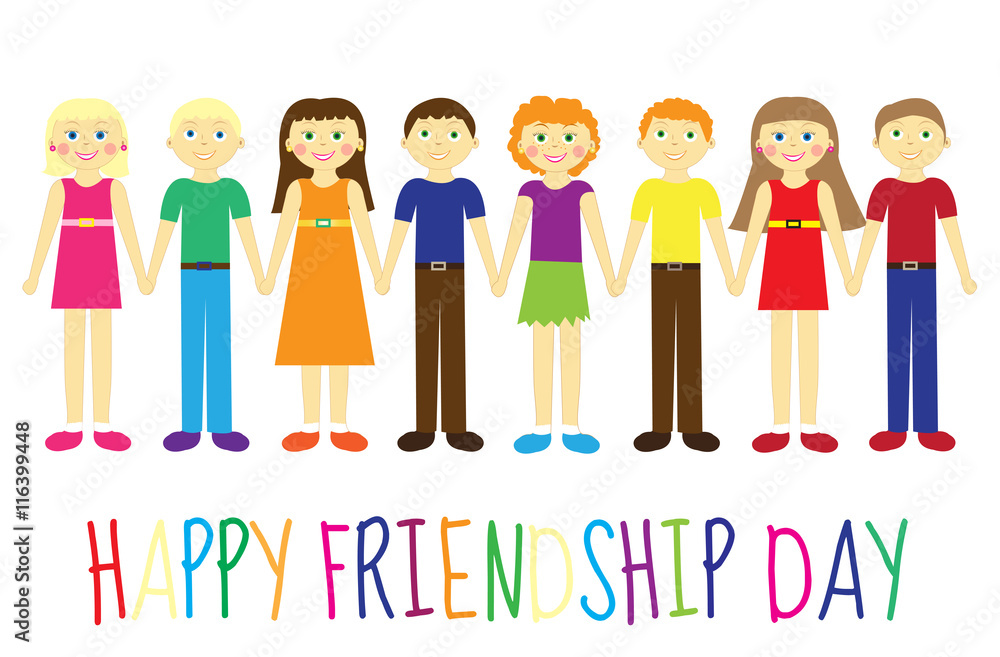 Greeting card with a happy friendship day. Greeting card cute kids, cartoon holding hands. Vector illustration