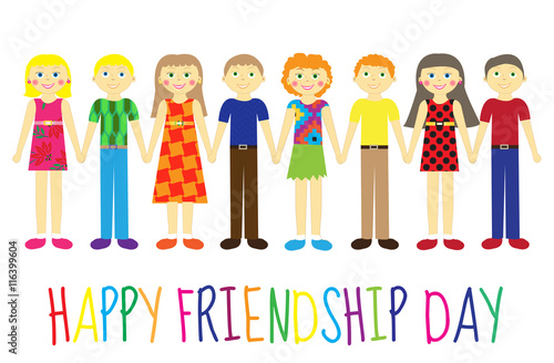 Greeting card with a happy friendship day. Greeting card cute kids  cartoon holding hands. Vector illustration