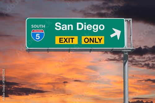 San Diego Exit Only Freeway Sign with Sunrise Sky