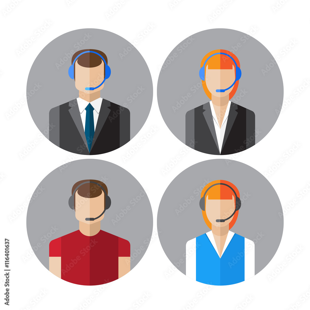 Set of icons with the callcenter agents talking through headset Set of icons with the callcenter agents talking through headset