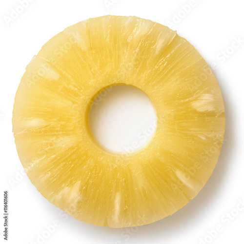 Canned pineapple ring isolated on white from above.