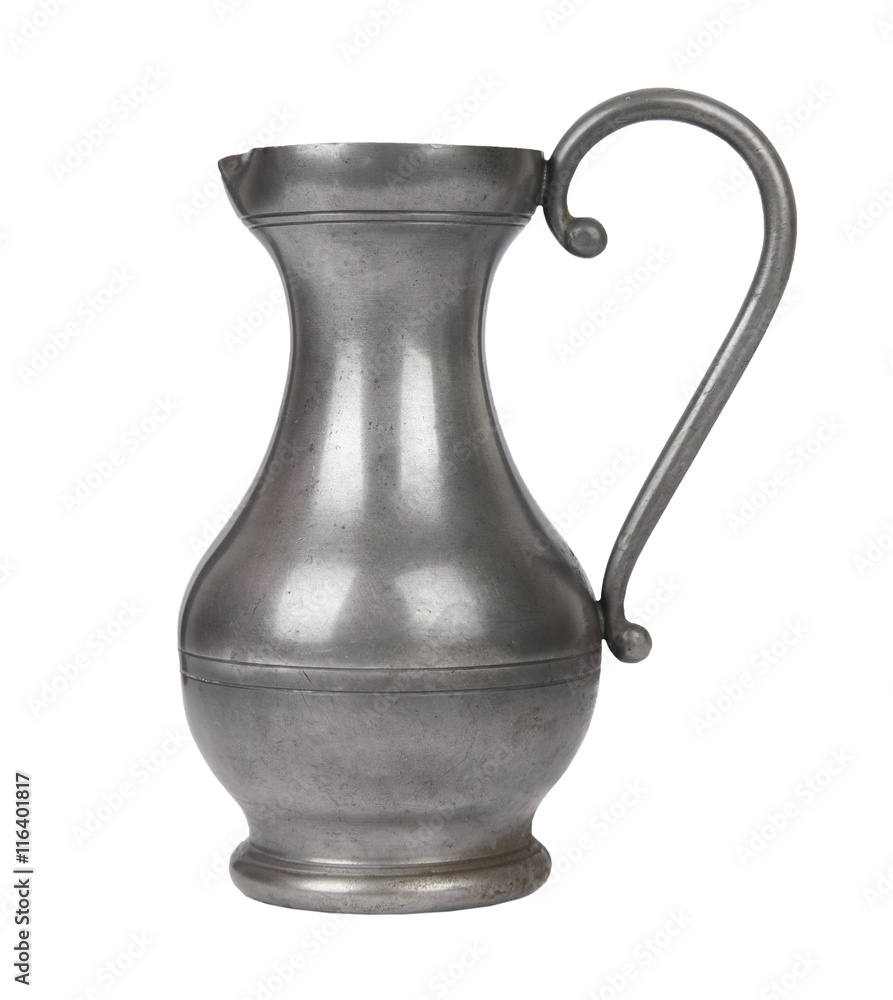 Antique silver colored pewter water jug isolated on a white background Antique silver colored pewter water jug isolated on a white background
