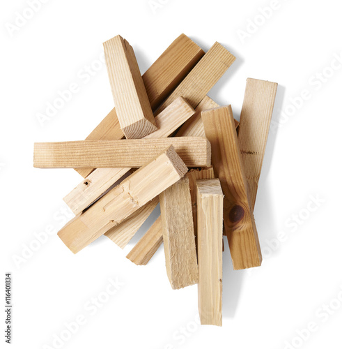 A pile of wood fire kindling isolated on a white background