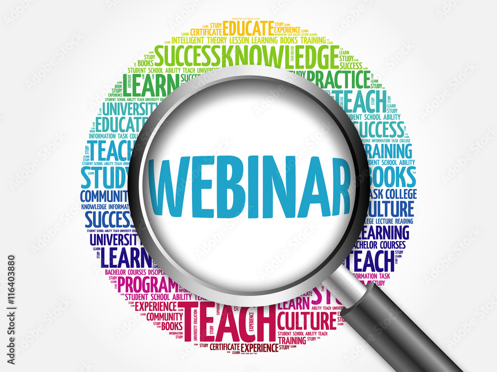 WEBINAR word cloud with magnifying glass, concept 3D illustration WEBINAR word cloud with magnifying glass, concept 3D illustration