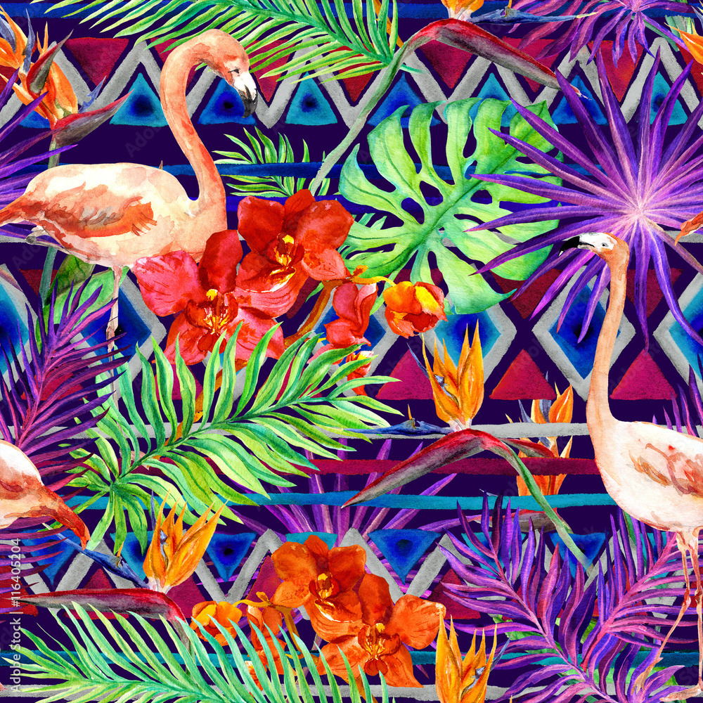 Tribal pattern, tropical leaves, flamingo birds. Repeated native background. Watercolor