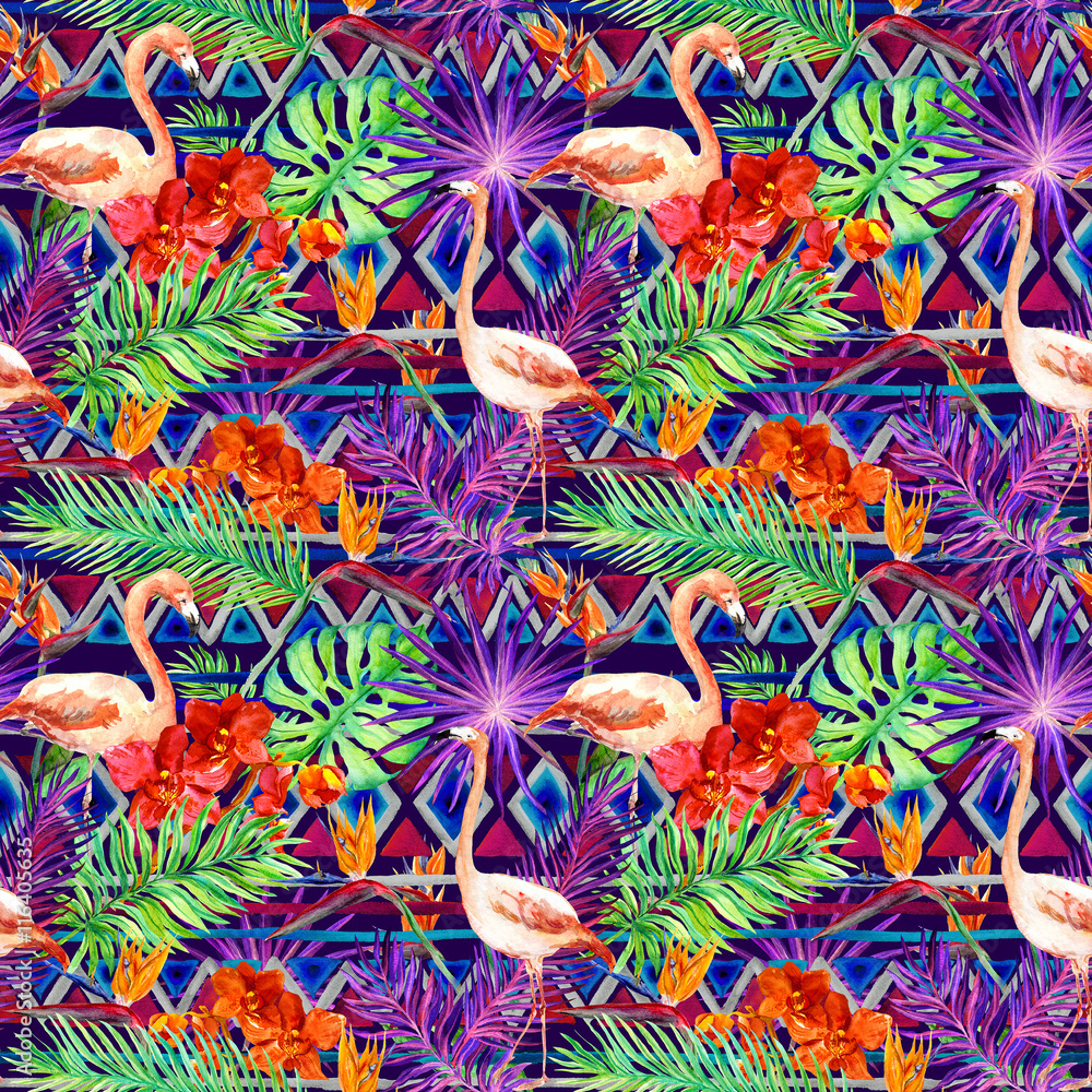 Tribal pattern, tropical leaves, flamingo birds. Repeated ethnic background. Watercolor
