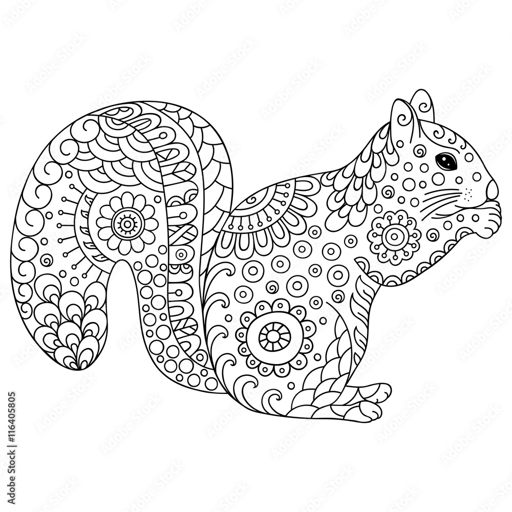 Zentangle stylized squirrel. Sketch for coloring book, poster, print ...