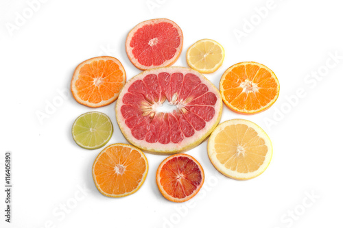 Eight different citrus types arranged in a flower shape: red pomelo, red grapefruit, lemon, mandarin, yellow grapefruit, blood orange, orange, lime, tangelo