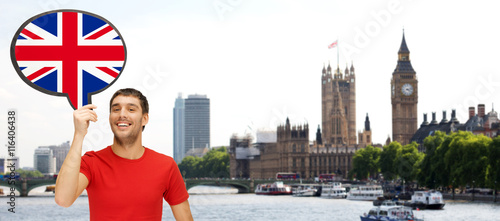 Photography man with text bubble of british flag in london