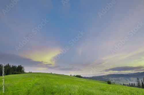 Mountain slope with green grass against the sky