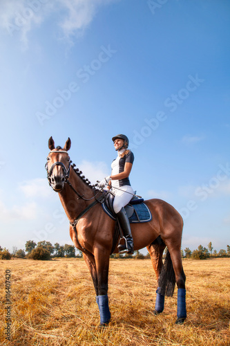 Cheerful beautiful young girl jockey in uniform sitting on a horse against blue sky and yellow field,looking forward and smilling on a sunny day. Equestrian sport - dressage.