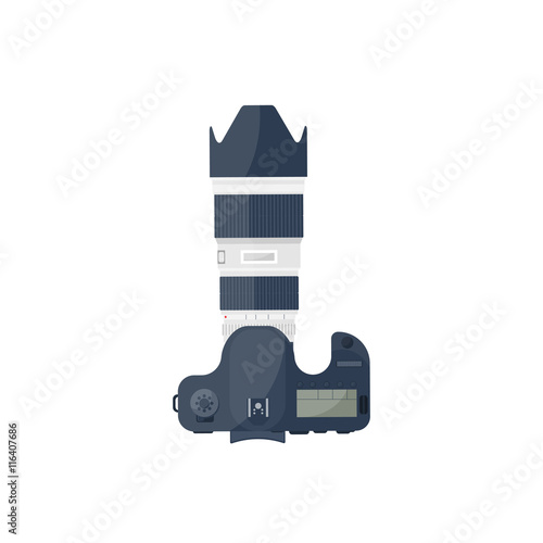 Photography. Photo camera in a flat style with lens. Photoshooting.Photographing equipment.Vector illustration.