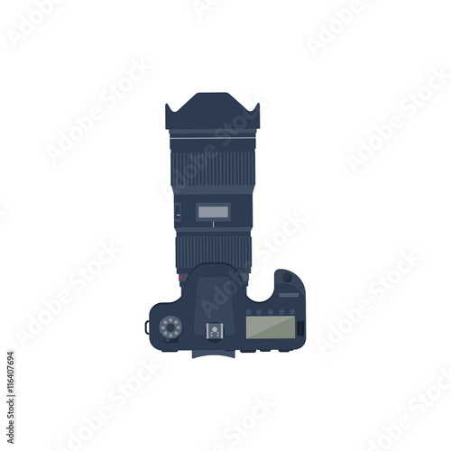 Photography. Photo camera in a flat style with lens. Photoshooting.Photographing equipment.Vector illustration.