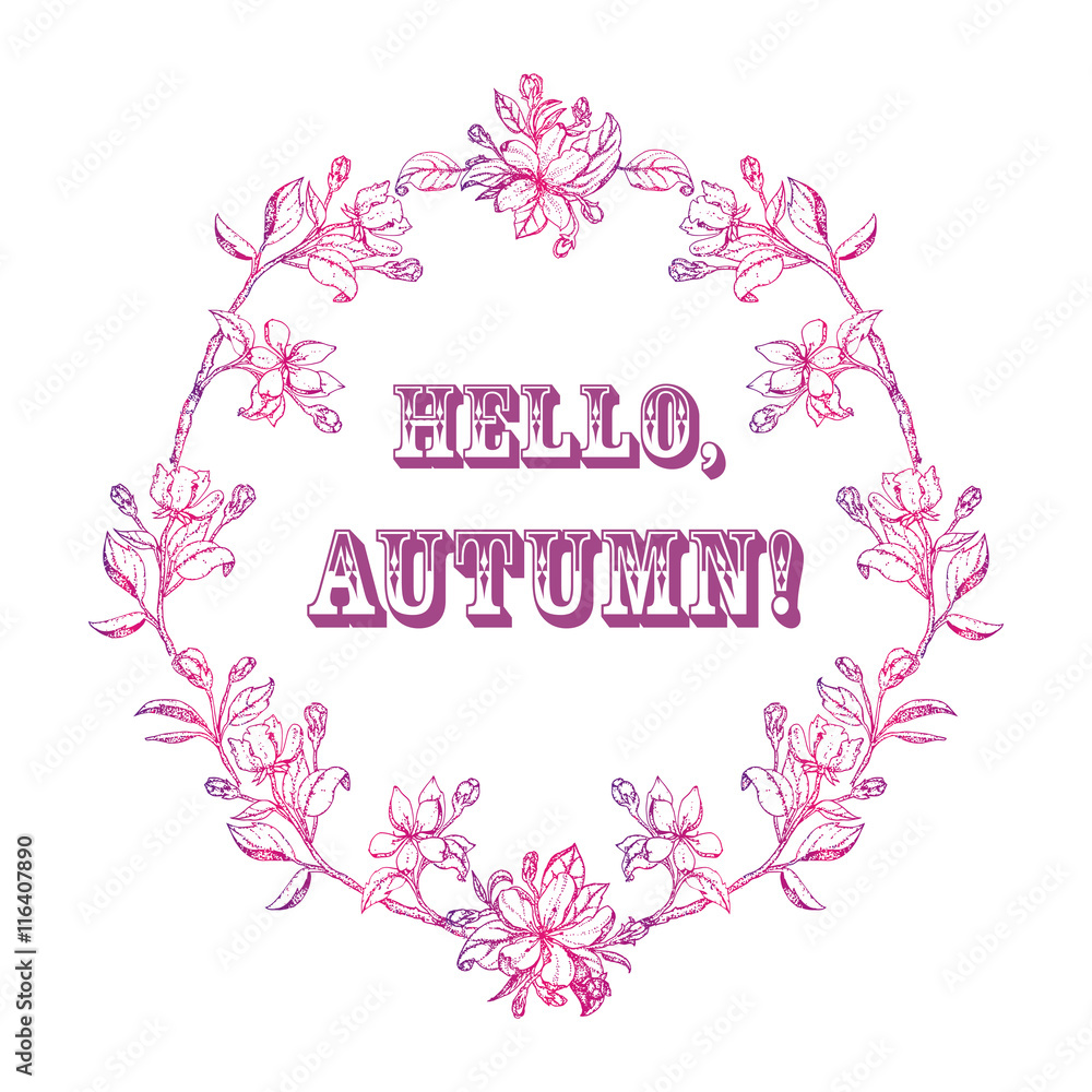 wreath of leaves and flowers with the word hello autumn