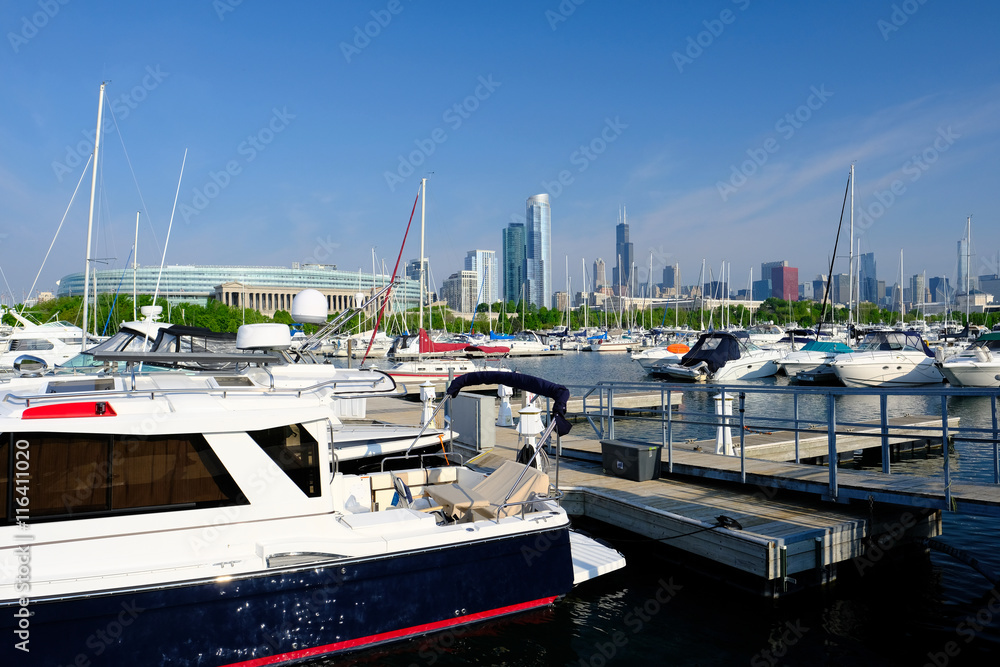 Urban marina and Chicago skyline