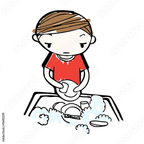 vector of cartoon boy wash dishes in sink