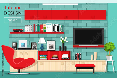 Modern graphic living room furniture with TV wall. Stylish room interior with red cupboards. Flat style vector illustration.