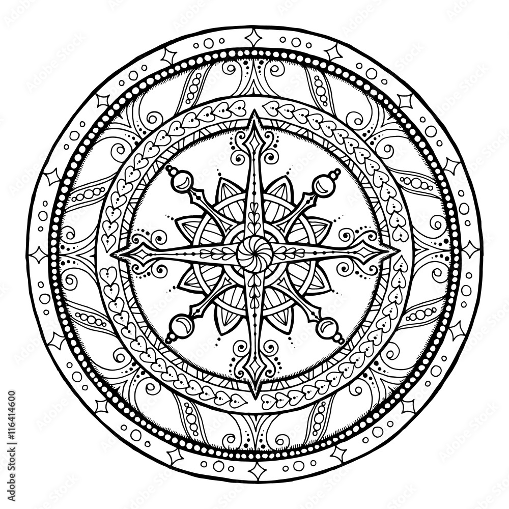 Christmas theme. Doodle snowflake on ethnic circle ornament. Hand drawn art winter mandala.